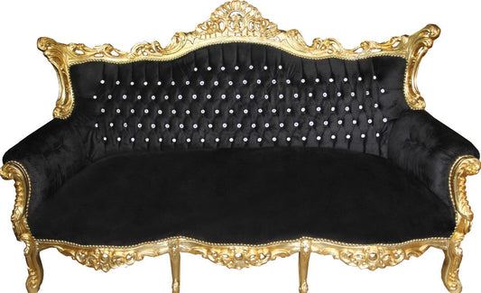 Barock 3-er Sofa Master Schwarz / Gold mit Bling Bling Glitzersteinen - Wohnzimmer Möbel Couch Lounge