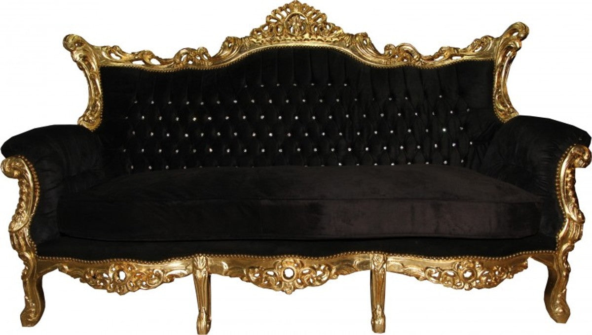 Barock Sofa Master Schwarz / Gold mit Bling Bling Glitzersteinen - Möbel Couch Lounge