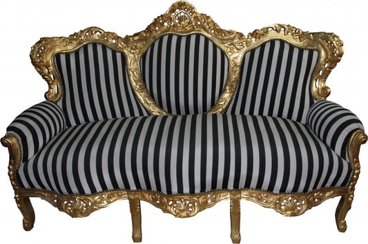 Barock 3-er Sofa King Schwarz/Weiss Streifen / Gold - Möbel Barock