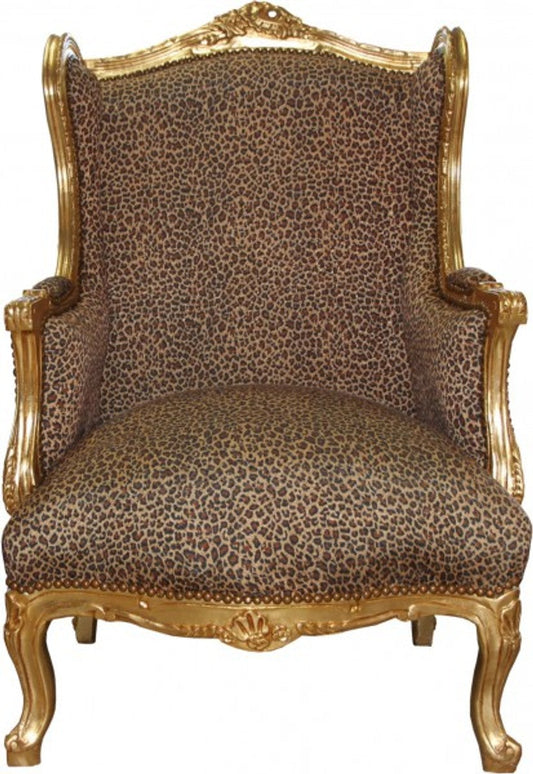 Barock Lounge Thron Sessel Leopard / Gold Mod2 - Ohren Sessel - Ohrensessel Tron Stuhl