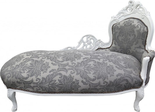 Barock Chaiselongue Grau Muster / Weiss - Recamiere Liege Barock Möbel - Limited Edition