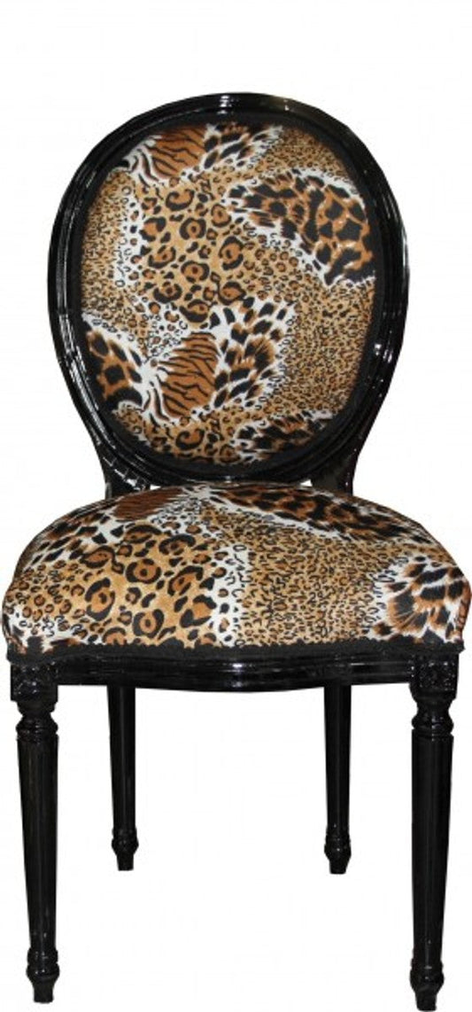 Barock Esszimmer Stuhl Medaillon Tiger Muster / Schwarz - Barock Möbel - Limited Edition