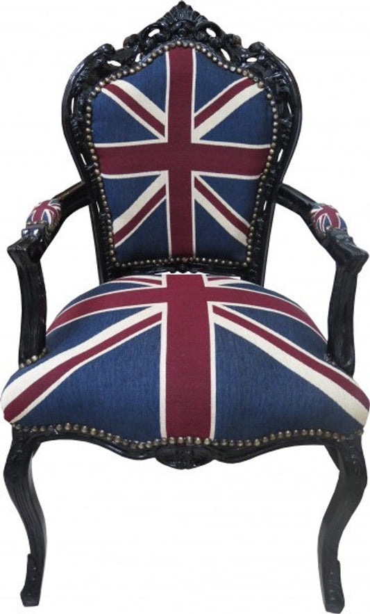 Barock Esszimmer Stuhl mit Armlehnen Union Jack / Schwarz - Antik Stil Möbel