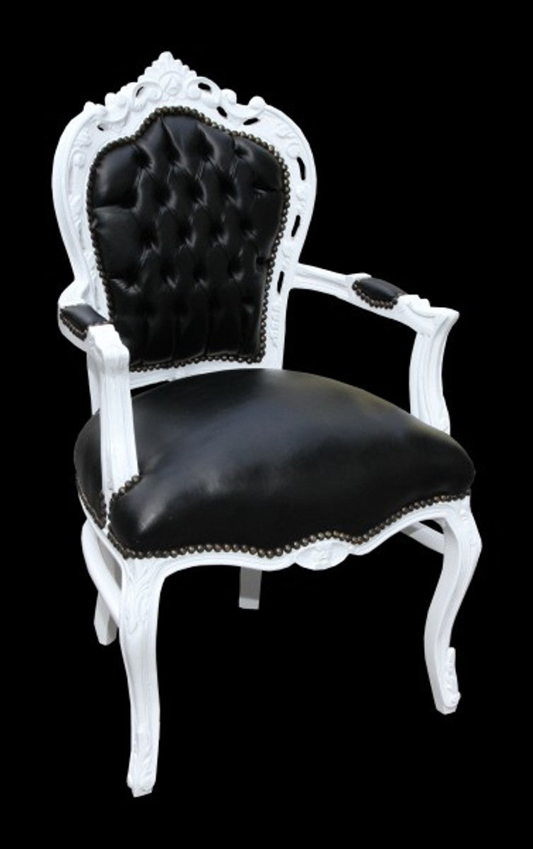 Barock Esszimmerstuhl Schwarz / Weiß Lederoptik mit Armlehnen