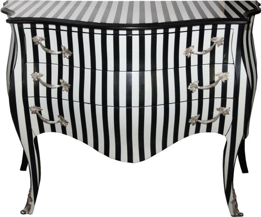 Barock Kommode Schwarz/Weiss Streifen 122 cm mit silbernen Metallapplikationen - Antik Stil