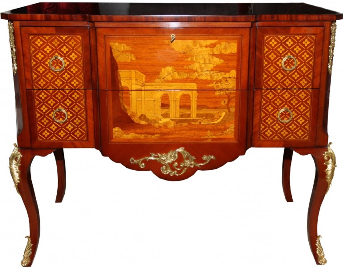 Barock Luxus Kommode Braun/Gold aus massivem Eichenholz B 108 cm, H 88,5 cm, T 58 cm - Barock Möbel