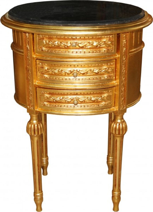Barock Kommode Gold mit schwarzer Marmorplatte H 70 cm, B 52 cm - Nachttisch Konsole