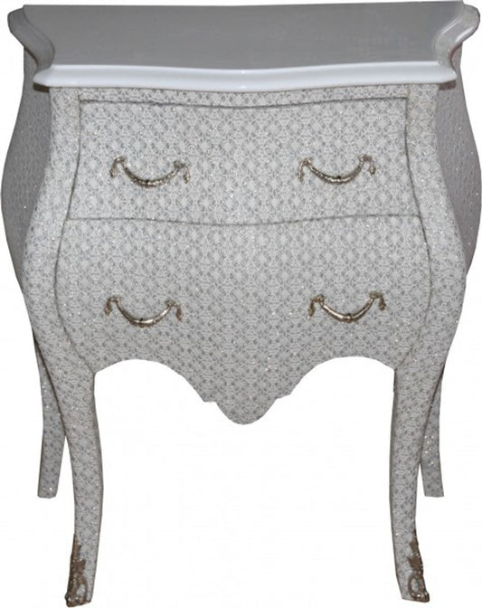 Barock Kommode Weiß / Glitzerlook H 71 cm, B 60 cm, T 38 cm - Nachttisch Kommode