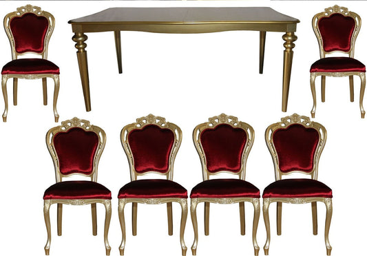 Barock Luxus Esszimmer Set Bordeaux/Gold - Esstisch + 6 Stühle - Möbel Antik Stil - Luxus Qualität - Limited Edition