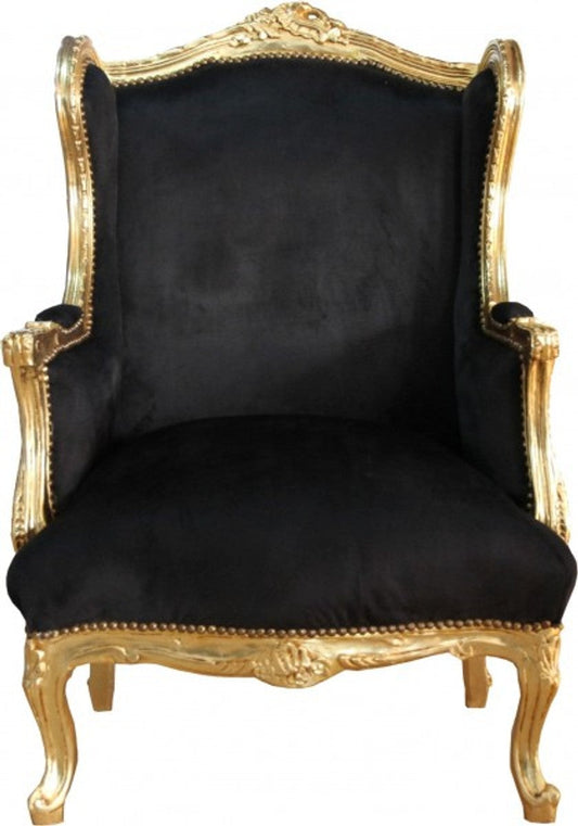 Barock Lounge Thron Sessel Schwarz/Gold Mod2 - Ohren Sessel - Ohrensessel Tron Stuhl