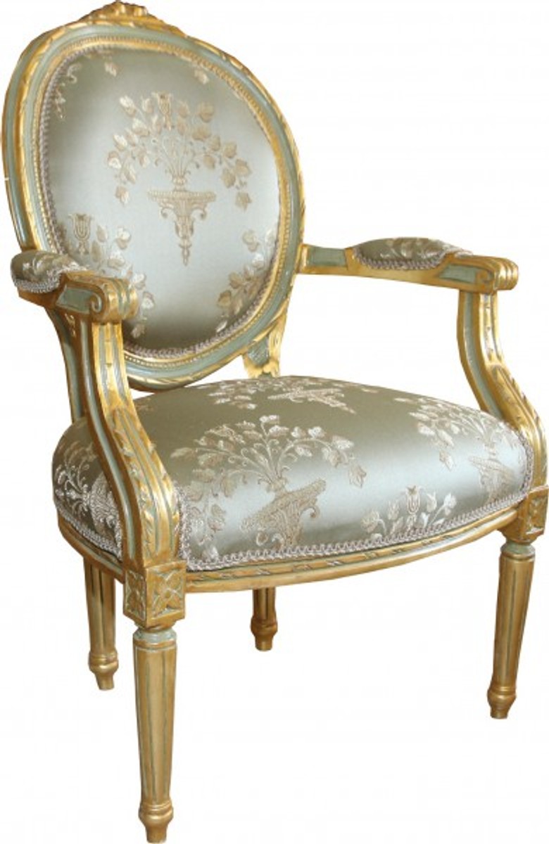 Barock Medaillon Salon Stuhl Grün Muster / Gold Modell Versailles - Möbel Antik Stil