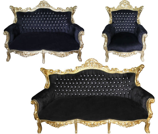 Barock Wohnzimmer Set Master Schwarz/Gold mit Bling Bling Glitzersteinen - 3er Sofa+2er Sofa + 1 Sessel