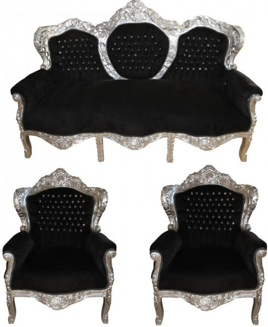 Barock Wohnzimmer Set King Schwarz / Silber mit Bling Bling Glitzersteinen - 3-er Sofa + 2 Sessel