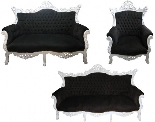 Barock Wohnzimmer Set Master Schwarz/Weiss - 3er Sofa+2er Sofa + 1 Sessel