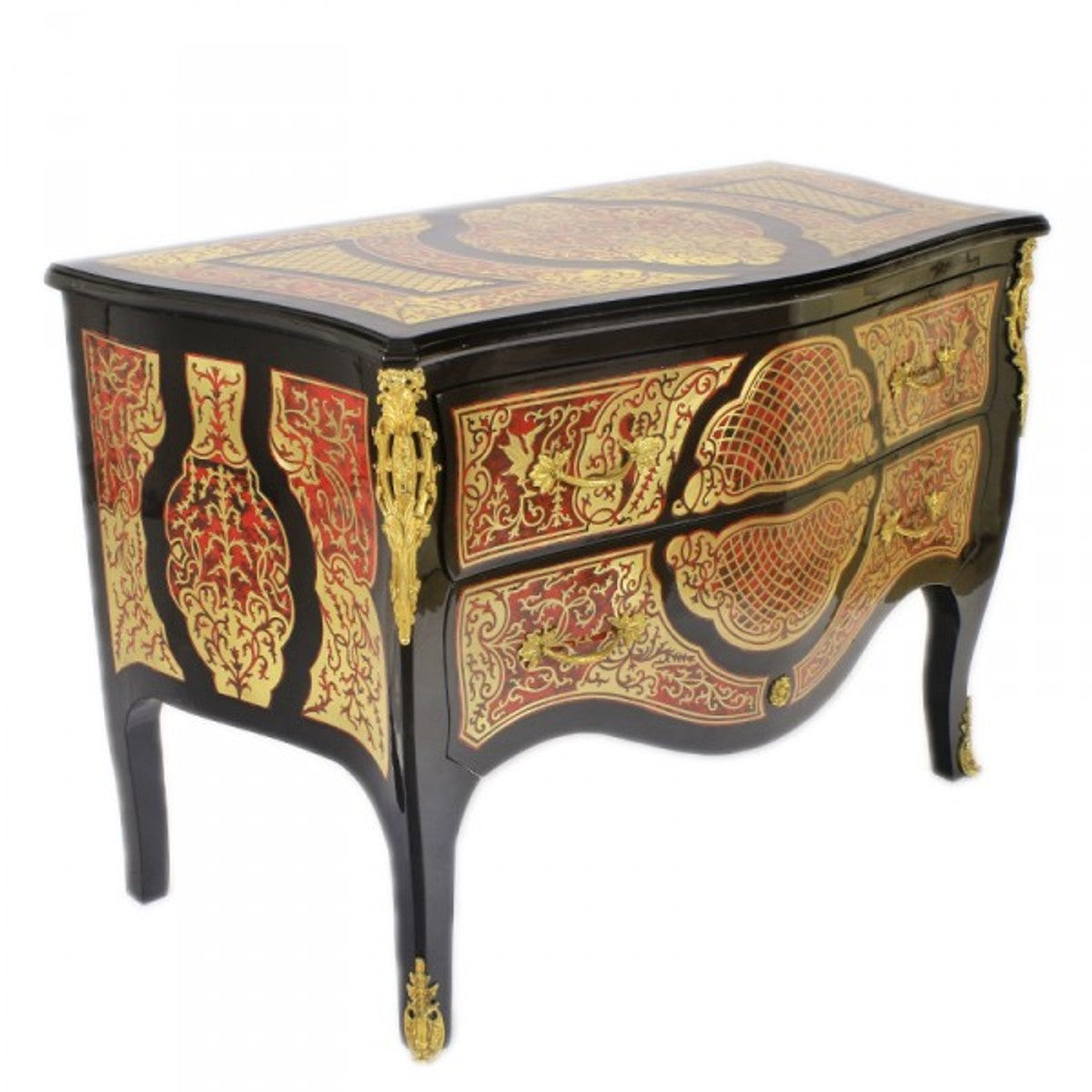 Barock Boulle Kommode Schwarz / Gold / Rot 130cm - Möbel Schrank Sideboard