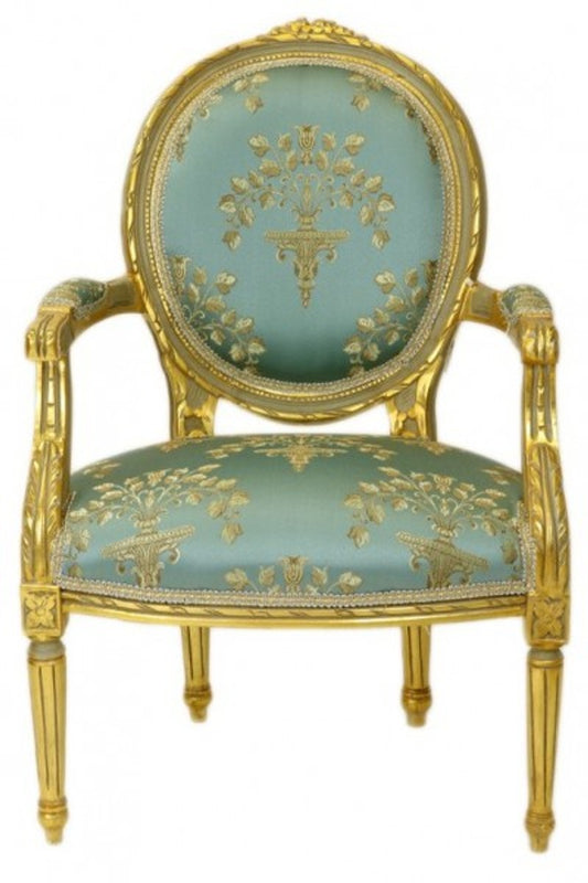 Barock Medaillon Salon Stuhl Türkis Muster / Gold Modell Versailles - Möbel Antik Stil