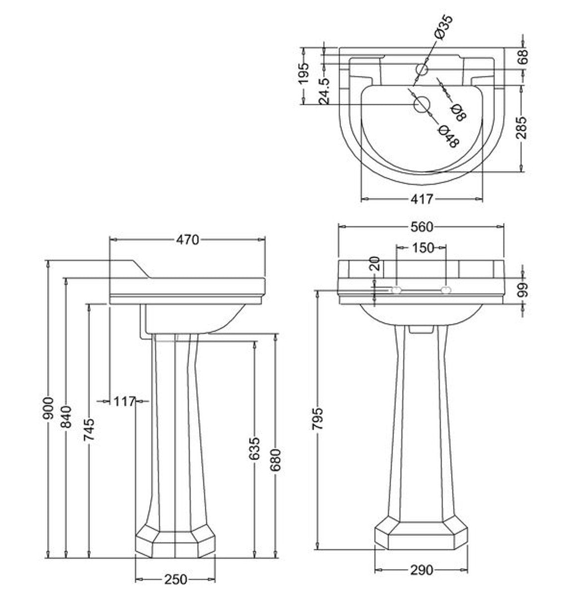 Porzellan Waschbecken mit Sockel 56 x 47 x H. 96 cm - Jugendstil Design
