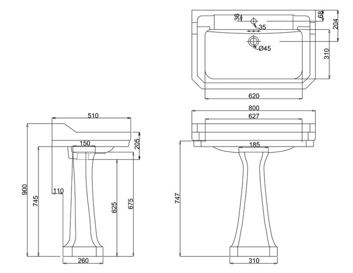 Porzellan Waschbecken mit Sockel 80 x 51 x H. 90 cm - Jugendstil Design