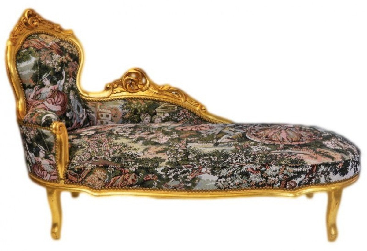 Barock Chaiselongue Gobelin Muster / Gold - Möbel Lounge Liege Recamiere