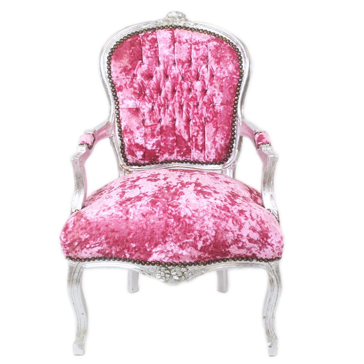 Barock Salon Stuhl Pink Velour Stoff / Silber - Antik Design Möbel