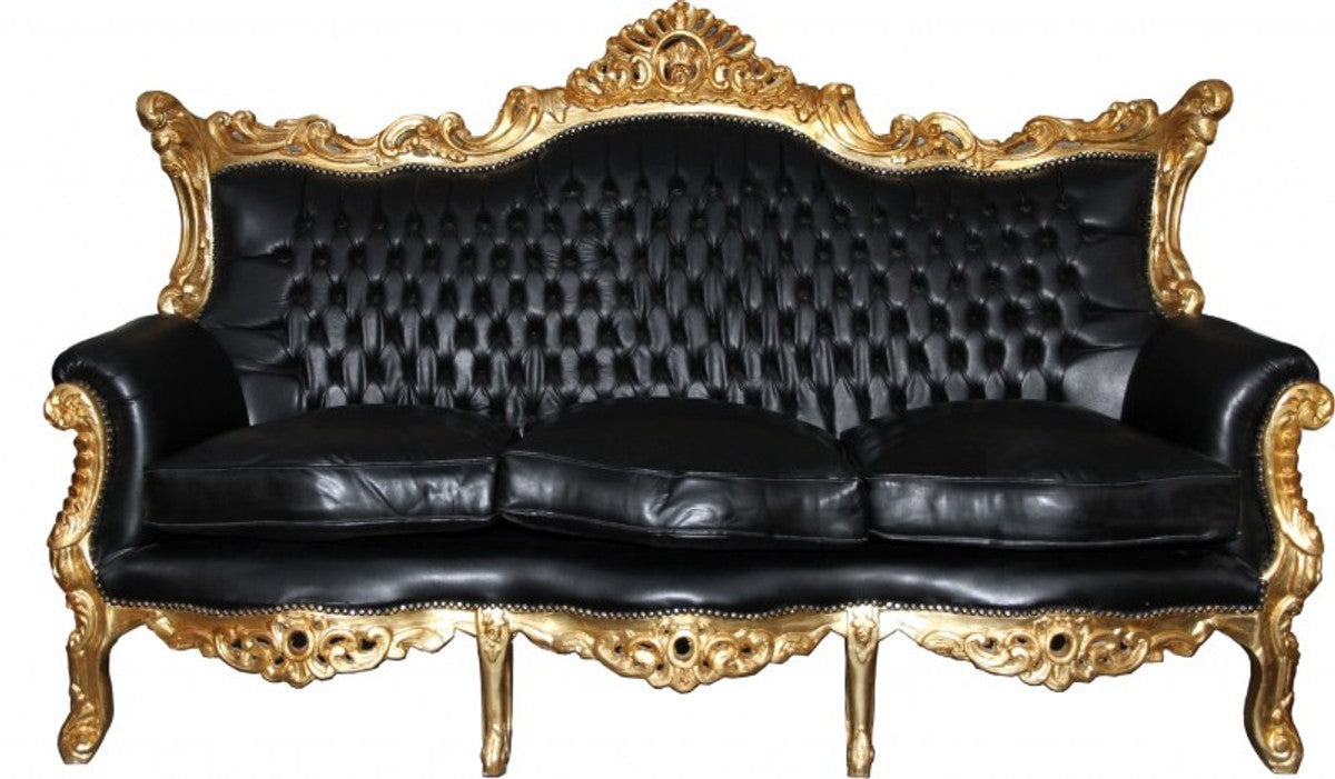 Barock 3er Sofa Master Schwarz / Gold Lederoptik Mod2 - Limited Edition - Wohnzimmer Couch Möbel Lounge