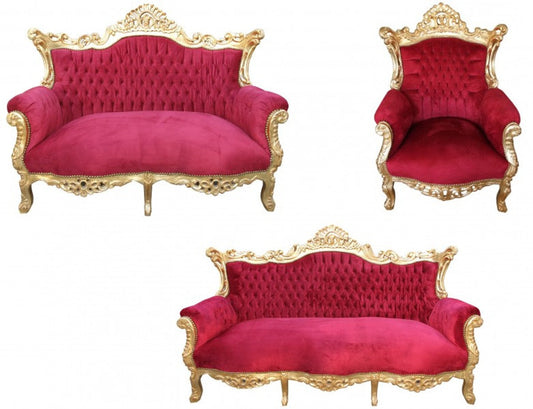 Barock Wohnzimmer Set Master Bordoaux Rot/ Gold - 3er Sofa+2er Sofa + 1 Sessel - Möbel Interior