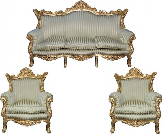 Barock Wohnzimmer Set Master Jadegrün /Beige / Gold Mod2 - 3-er Sofa + 2 Sessel