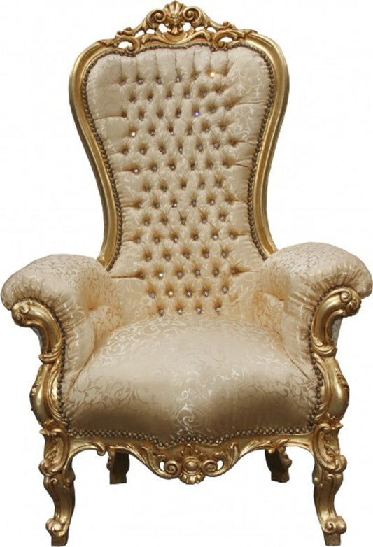 Barock Thron Sessel Majestic Medium Gold Muster / Gold mit Bling Bling Glitzersteinen - Riesensessel - Thron Stuhl Tron