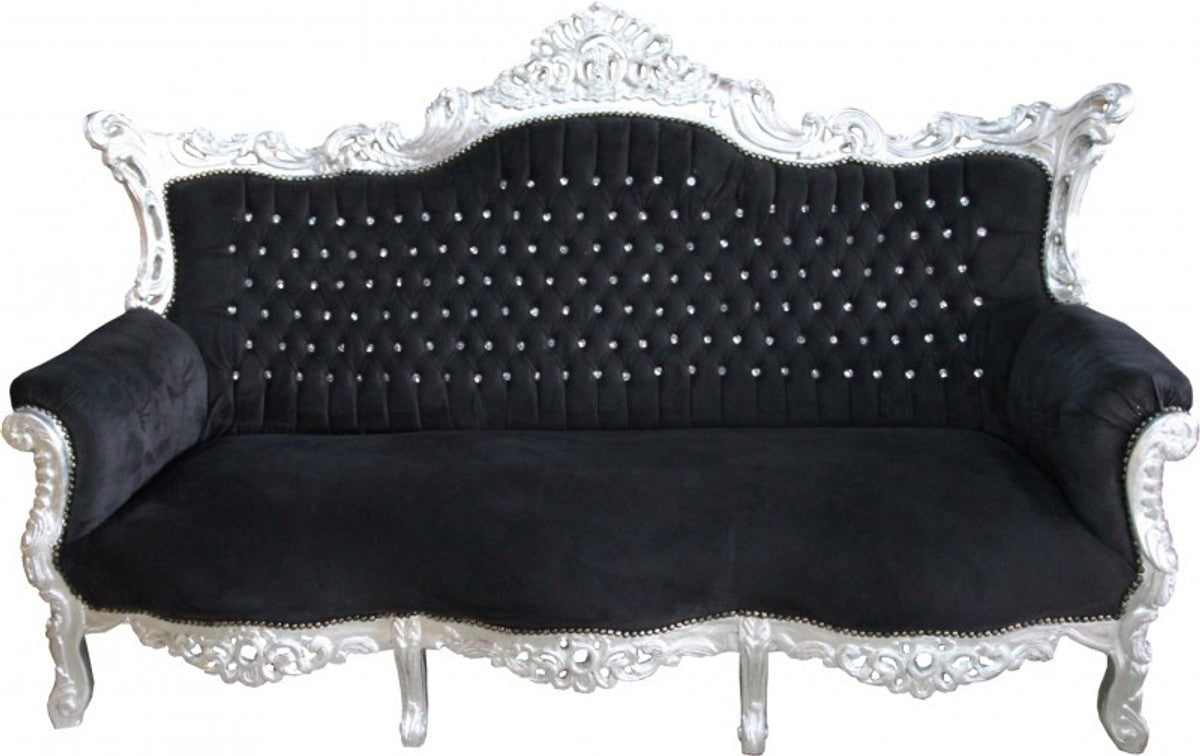 Barock Sofa Master Schwarz / Silber mit Bling Bling Glitzersteinen - Möbel Couch Lounge