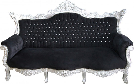 Barock Sofa Master Schwarz / Silber mit Bling Bling Glitzersteinen - Möbel Couch Lounge