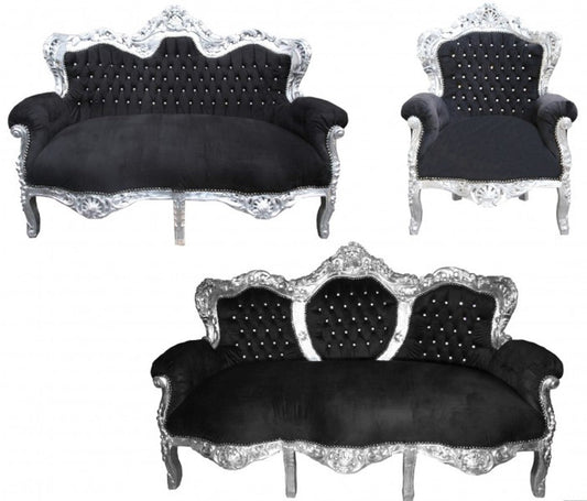 Barock Wohnzimmer Set King Schwarz / Silber - 3-er Sofa + 2-er Sofa + 1 Sessel