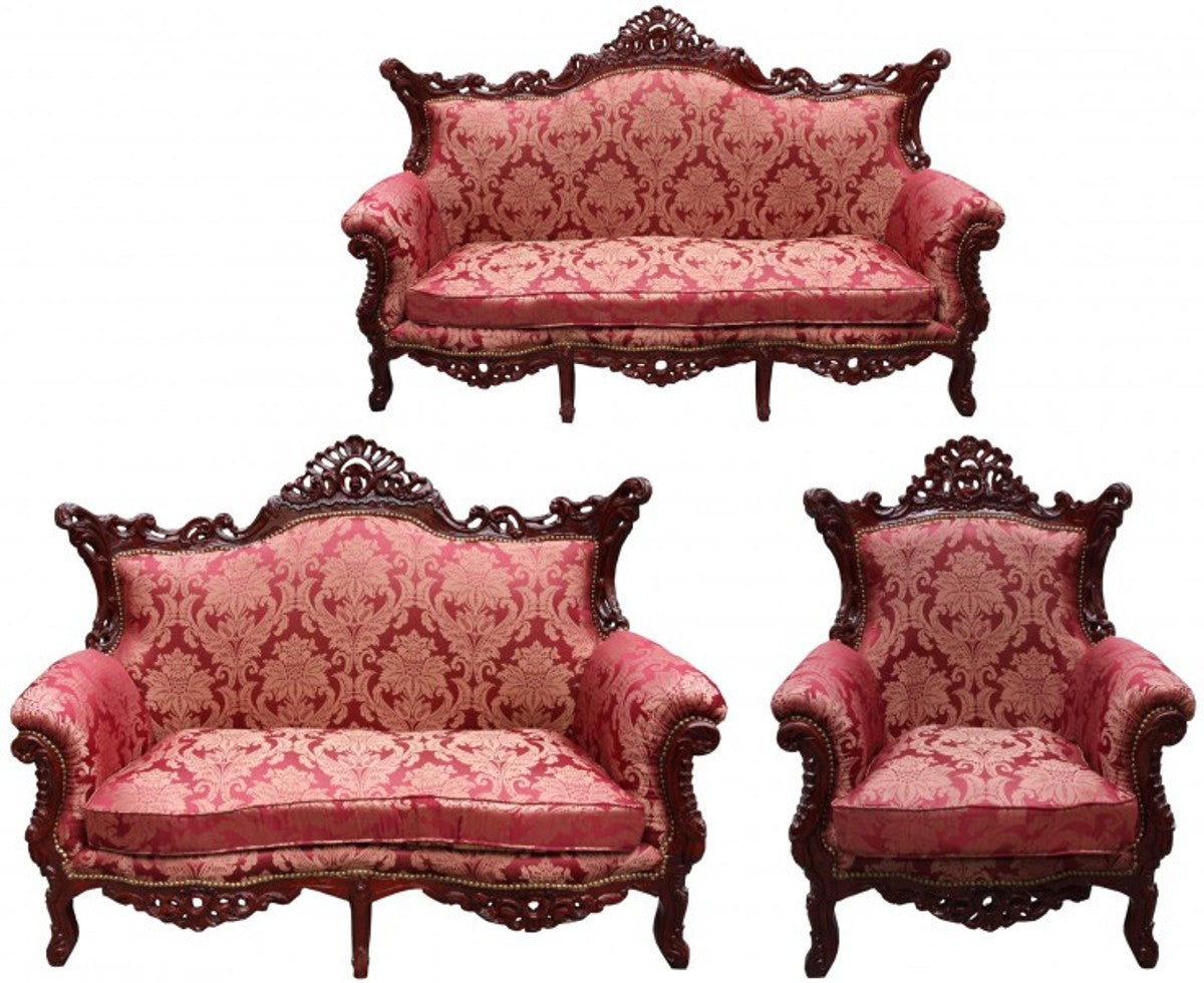 Barock Wohnzimmer Set Bordeaux Muster / Braunrot - 3-er Sofa + 2-er Sofa + 1 Sessel - Barock Möbel