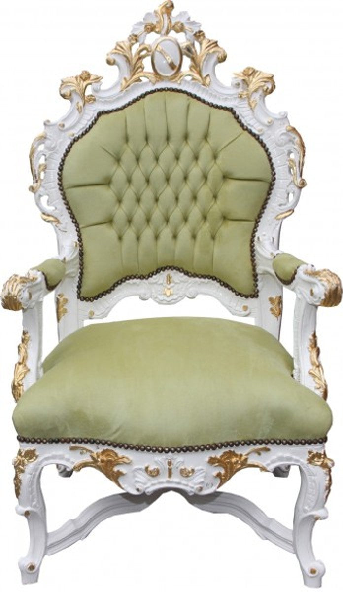 Barock Luxus Thron Sessel Grün/Weiss/Gold - Unikat - Barock Möbel Thron Königssessel - Limited Edition