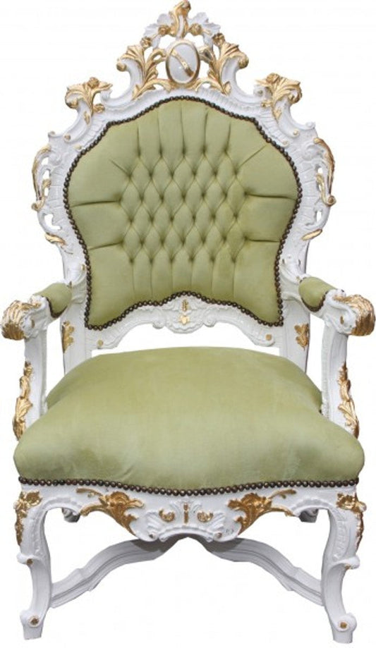 Barock Luxus Thron Sessel Grün/Weiss/Gold - Unikat - Barock Möbel Thron Königssessel - Limited Edition
